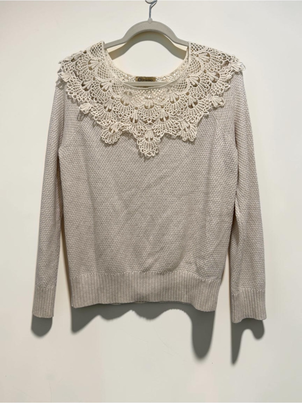 Democracy Cream Crochet Lace Collar Knit Sweater Size Large
